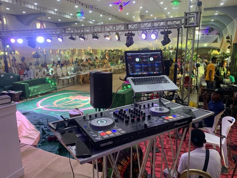 Full stage rig and lighting truss at a large reception hall