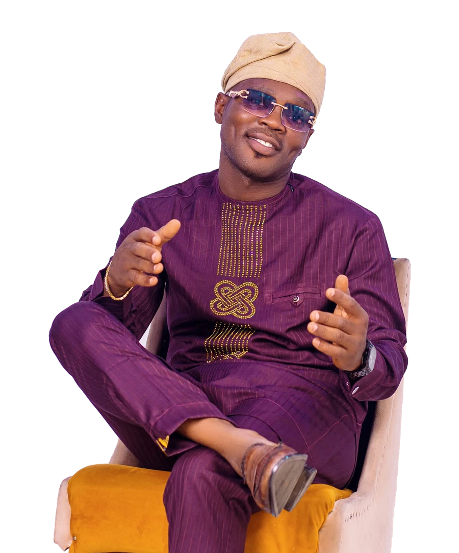 Deejay Bassman, real name Mr. Oluwaseun Ekundayo Salawu, premium event DJ, seated in a purple agbada